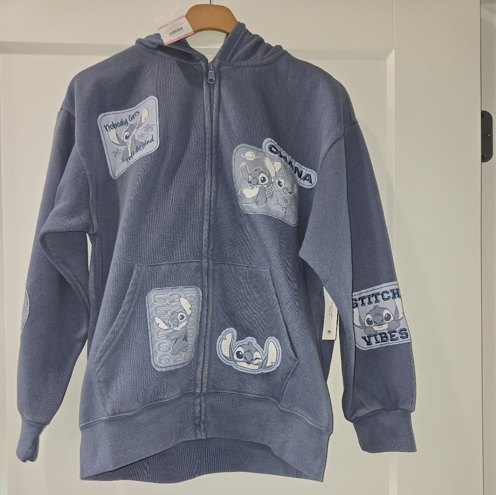 Disney Lilo & Stitch Multi-Patch Zip Up Hoodie Women’s Size Small Blue Ohana